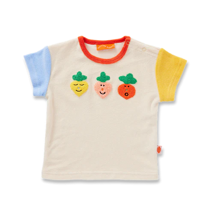baby t-shirt with colorful fruit appliqués on a white background