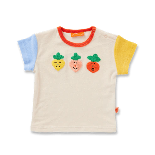 baby t-shirt with colorful fruit appliqués on a white background