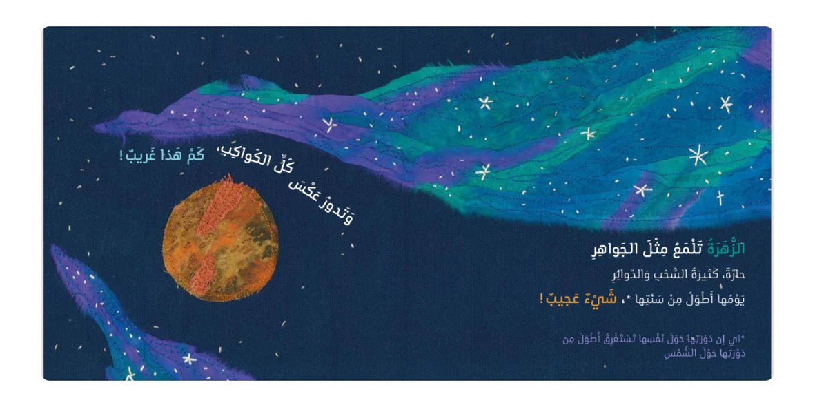 Space-themed illustration with planets and stars on a blue background