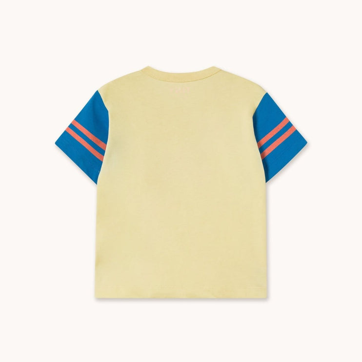 Yellow t-shirt with blue sleeves and red stripes 