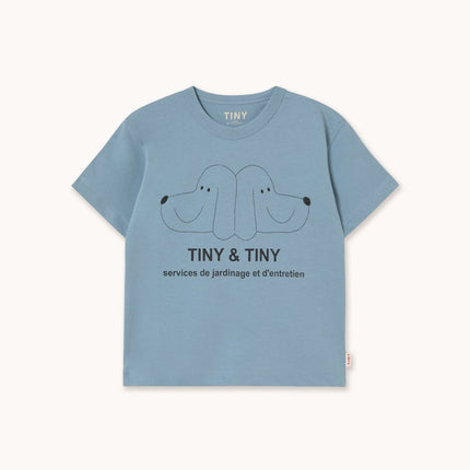 Blue t-shirt with 'Tiny & Tiny' logo and text 
