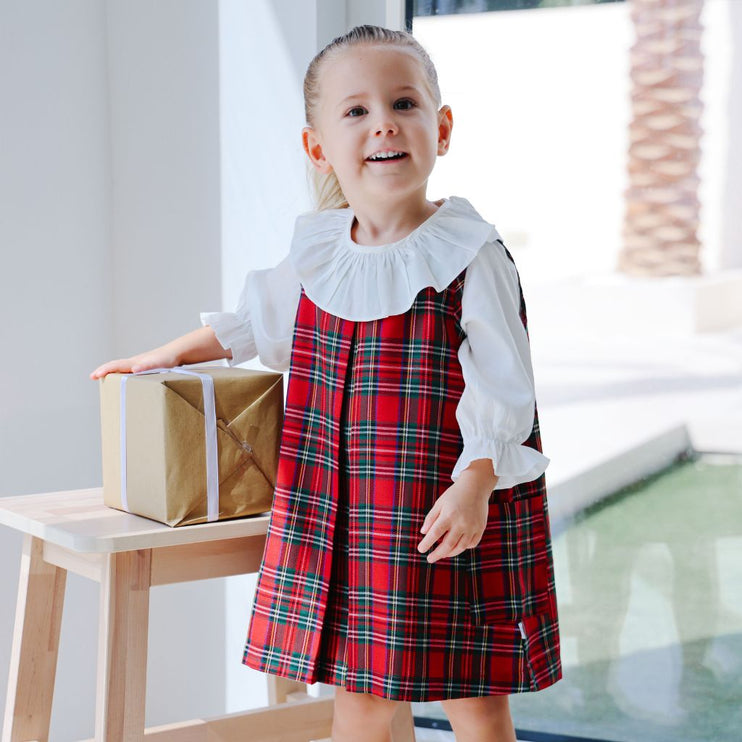 Girl wearing Tartan Pinafore Dress 
