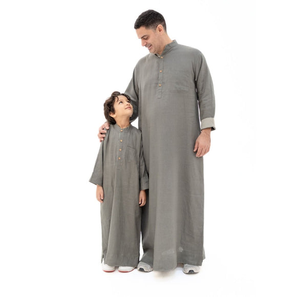 Father & Son Linen Thobe Bundle – Olive Green