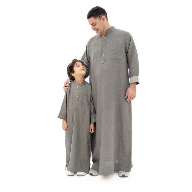 Father & Son Linen Thobe Bundle – Olive Green