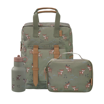 green backpack wjth deer print with brown accent paired with water bottle and small lunch bag