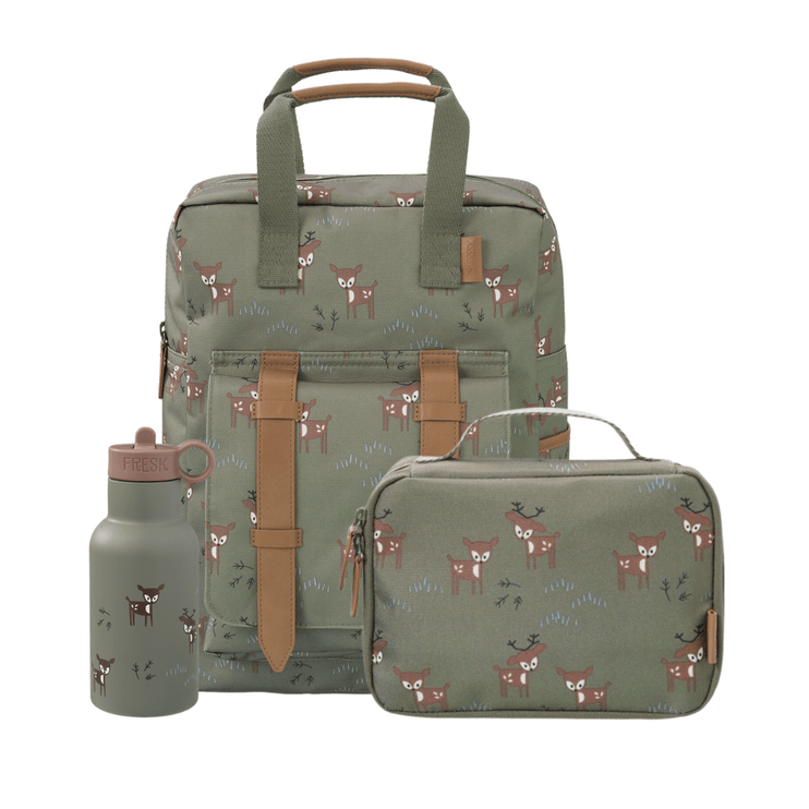 green backpack wjth deer print with brown accent paired with water bottle and small lunch bag
