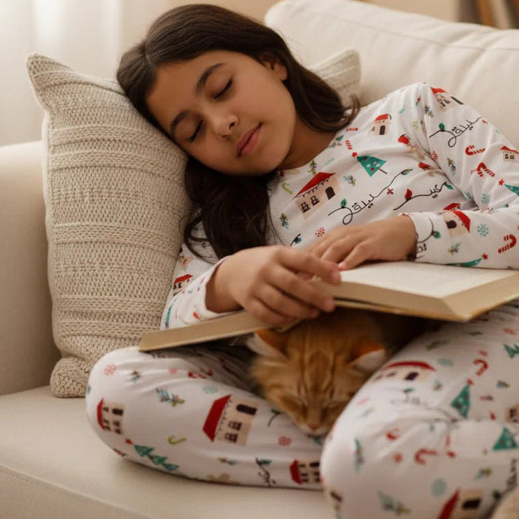 Child in christmas pajamas