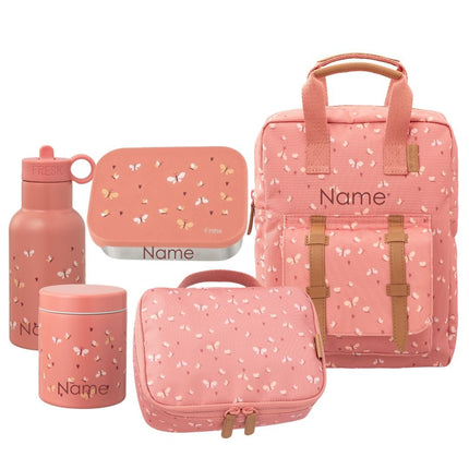a complete school set for kids with backpack, lunchbag, water bottle, food jar and lunchbox that can be personalized
