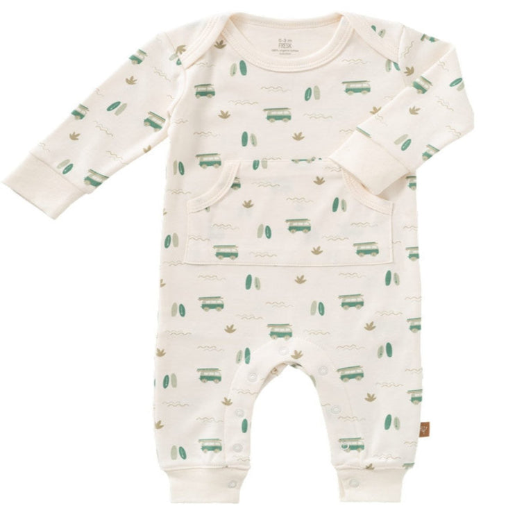 Baby footless romper with surf boy print pattern