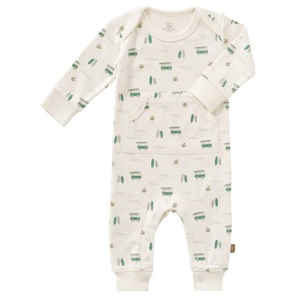 Baby onesie with green pattern on a white background