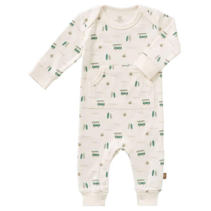Baby onesie with green pattern on a white background