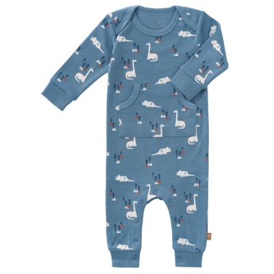 Blue baby onesie with animal pattern on a white background