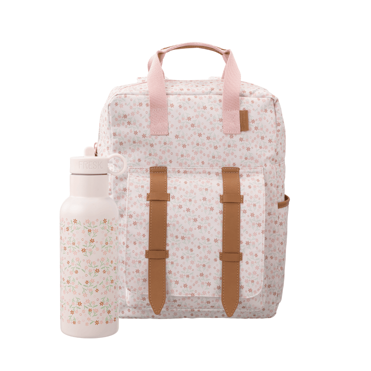 Floral-patterned backpack with brown straps and a matching 500 ml water bottle 
