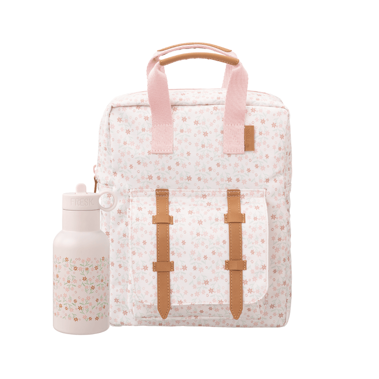 Floral-patterned backpack with pink straps and brown accents, accompanied by a matching 350ml water bottle