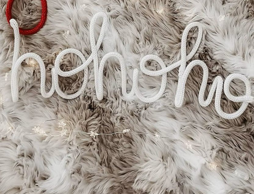 hohoho knitted wire word in white yarn