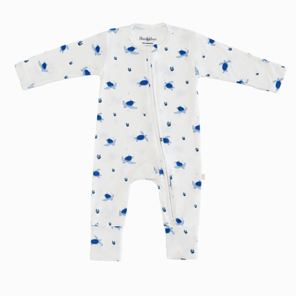 white with blue turtle print zippie bamboo