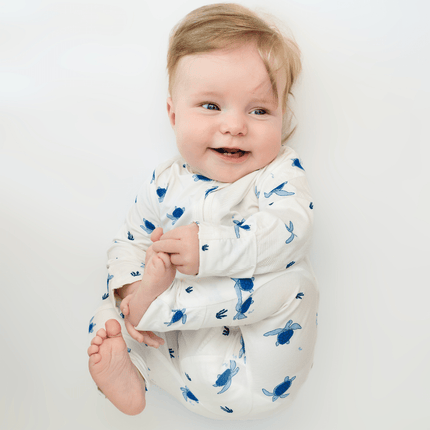 white with blue turtle print zippie bamboo babies 