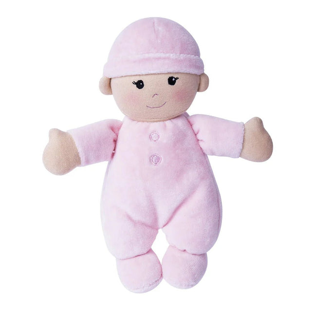 Pink plush baby doll with a hat