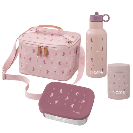 Personalized pink insulated lunch bag, water bottle, and snack container set