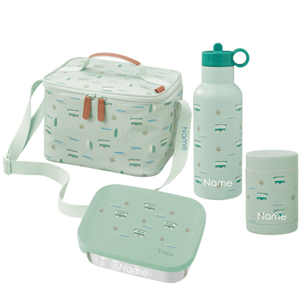 Personalized set of green lunch bag, container, and water bottle in surfing print