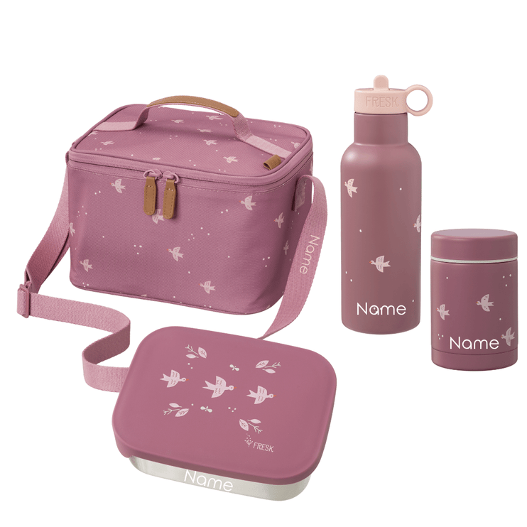 Personalized Pink lunch bag, container, and water bottle set in bird print