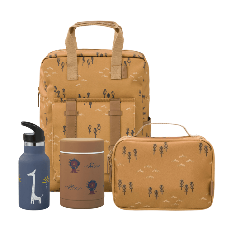 Set of brown patterned backpack andlunch bag with food jar to match and water bottle 