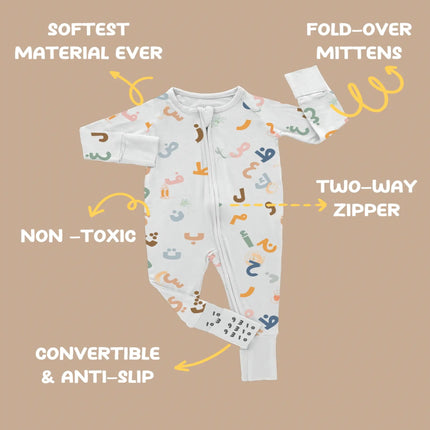 Baby onesie with features highlighted on a brown background