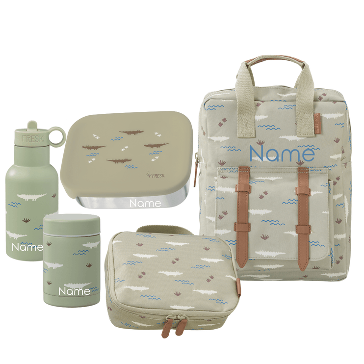 Set of personalized children's bags and containers in crocodile print