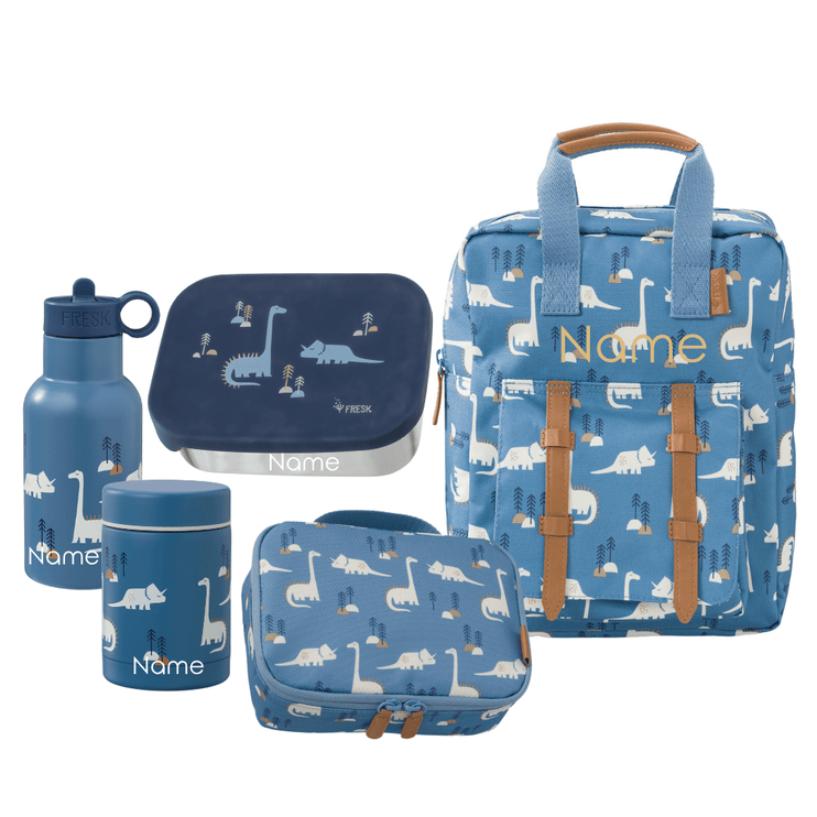Personalized set of blue bags with dinosaur pattern