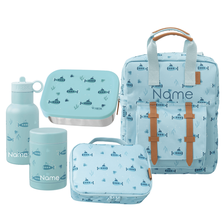 Set of light blue school bags and accessories with submarine pattern