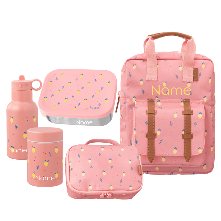 Set of pink school bags with floral patterns