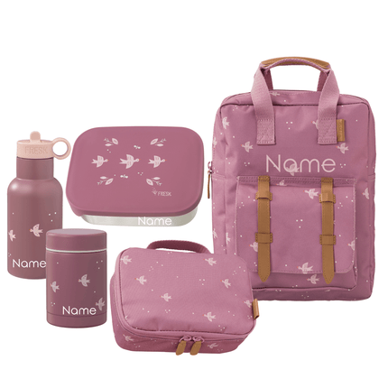 Pink backpack with matching lunch box, water bottle and container