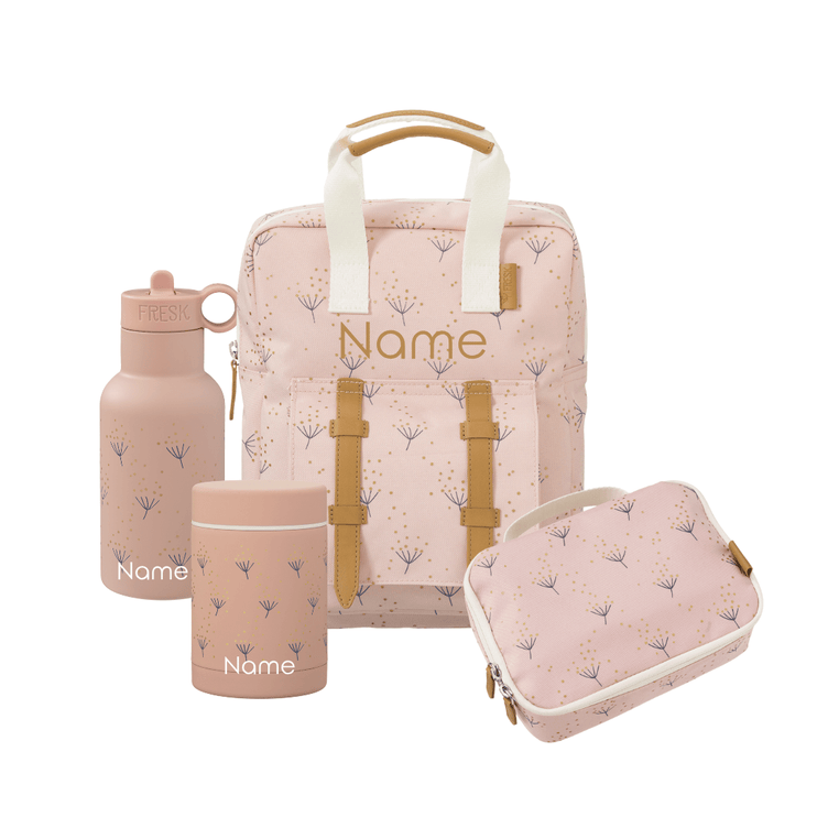 Set of personalized pink school bags with floral patterns 