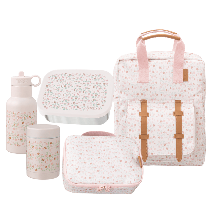 set for nursery including backpack, lunch bag, water bottle and food containers with floral pattern 