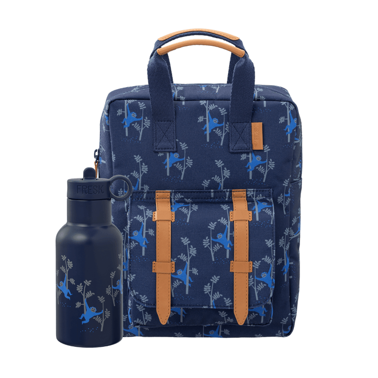 Navy backpack with brown straps accent  and a matching water bottle 