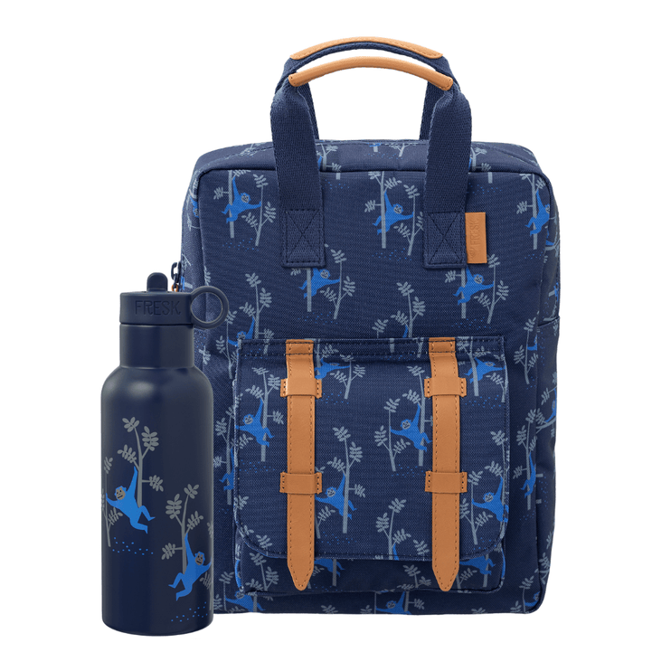 Navy backpack with monkey pattern and matching water bottle 