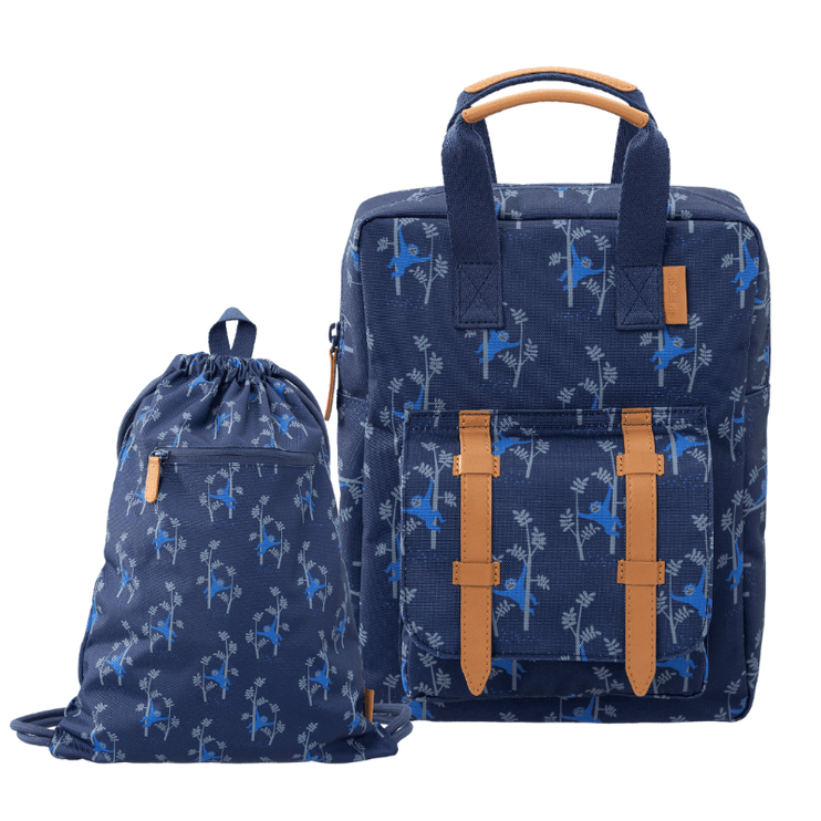 navy blue backpack and swim bag with monkey print