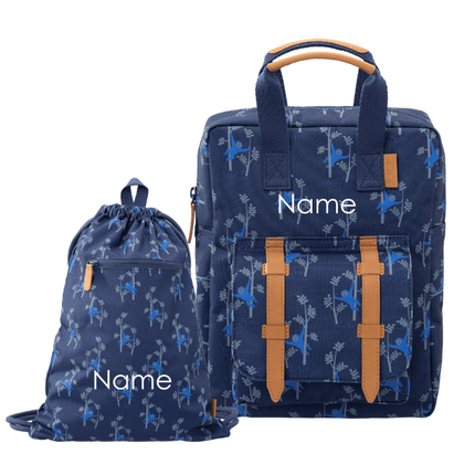 Navy blue backpack with monkey pattern and string bag 