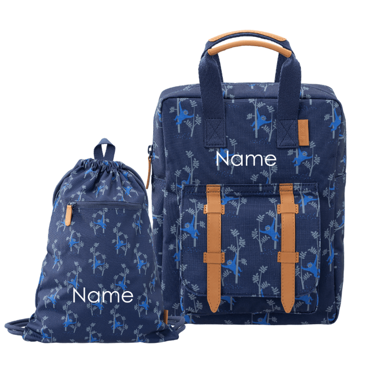 Navy blue backpack with monkey pattern and string bag 