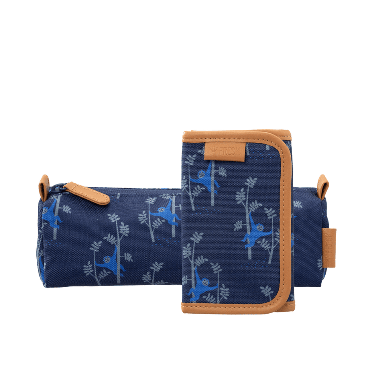 blue wallet and pencil case with monkey print pattern 