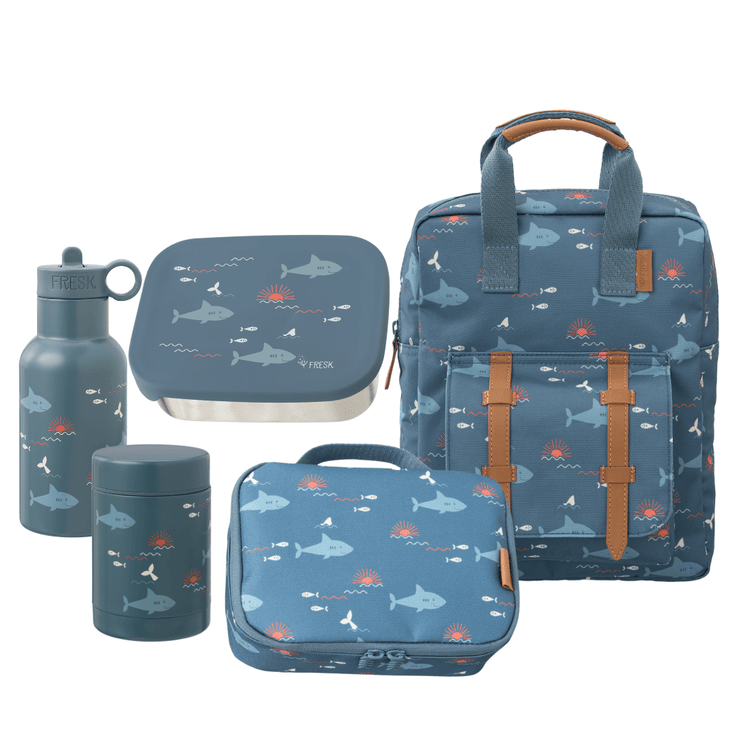 Set of blue children's backpack, lunch box, water bottle, and thermos with shark pattern