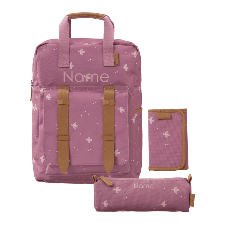 Pink backpack with brown straps and matching pouch with bird pattern