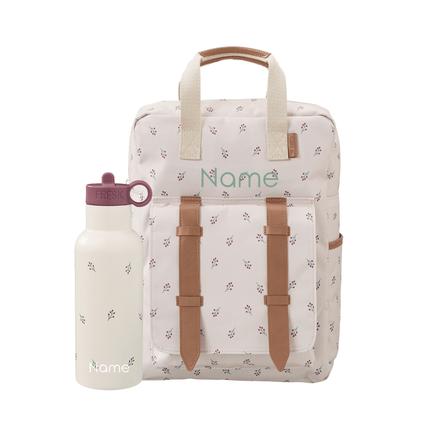 Personalized Floral-patterned backpack with brown straps and a matching water bottle