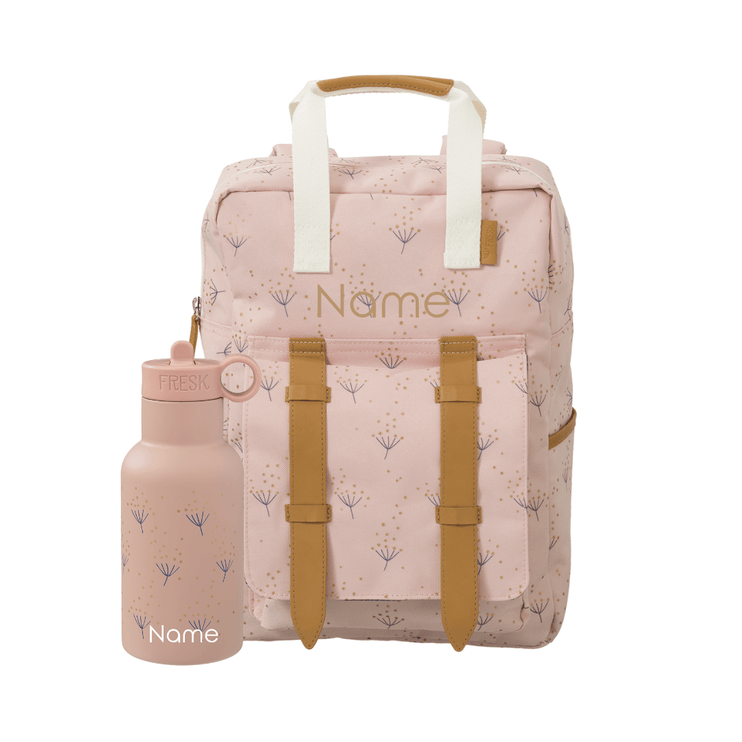 Personalized Pink backpack with floral pattern and matching water bottle
