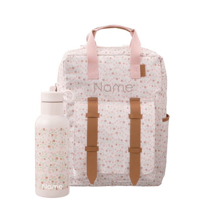 Personalized backpack with floral pattern and water bottle
