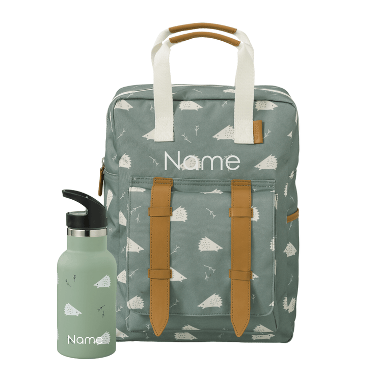 Personalized Green backpack with hedgehog patterns and brown straps, accompanied by a matching water bottle