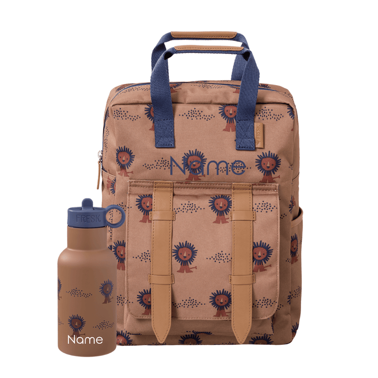 Personalized Backpack and water bottle set with lion pattern 