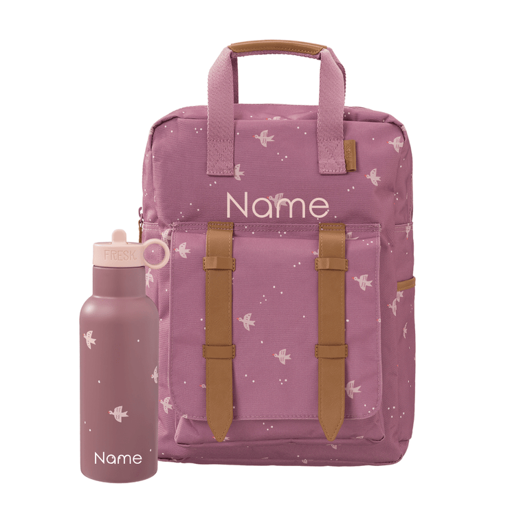 Personalized Pink backpack and water bottle set with bird print