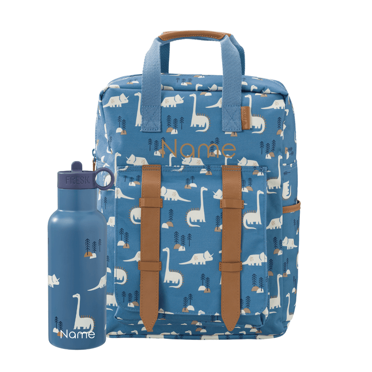 Personalized blue backpack with dinosaur pattern and matching water bottle