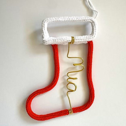 Stocking with gold wire and red and white yarn